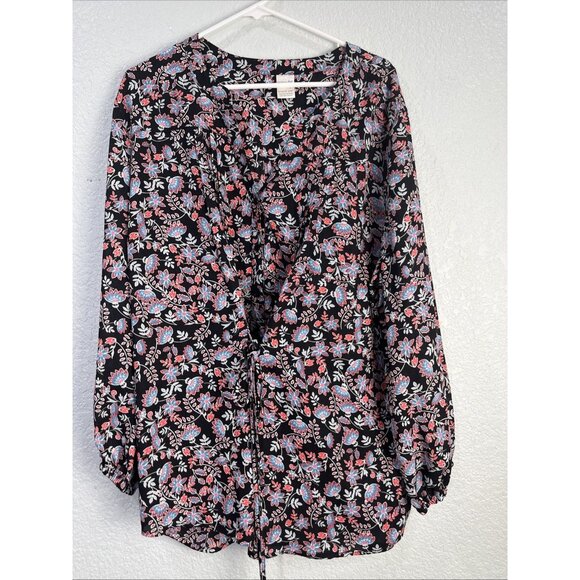 Terra Sky Top Womens 2X Black Floral Peasant Tunic Cinch Waist Cuff Sleeve Boho - Picture 1 of 9